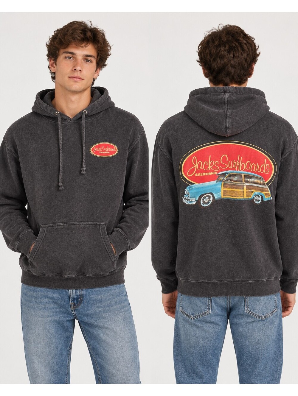 Jack’s Surfboards California Charcoal Hoodie – Retro Woodie Car Graphic – Surf